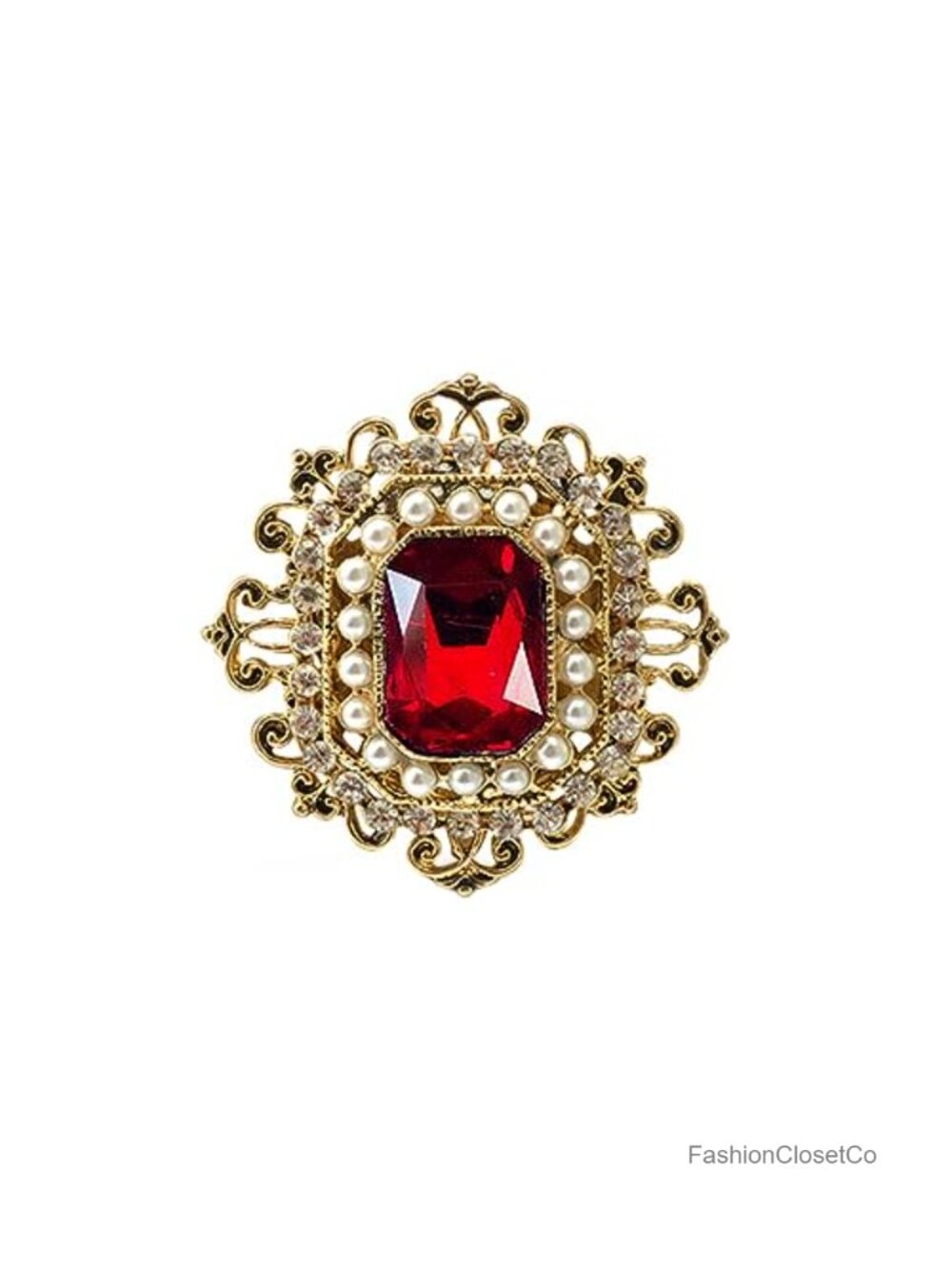 Antique Rhinestone Brooch Pin Gold Tone Vintage Baroque Rectangle Crystal Pearl
